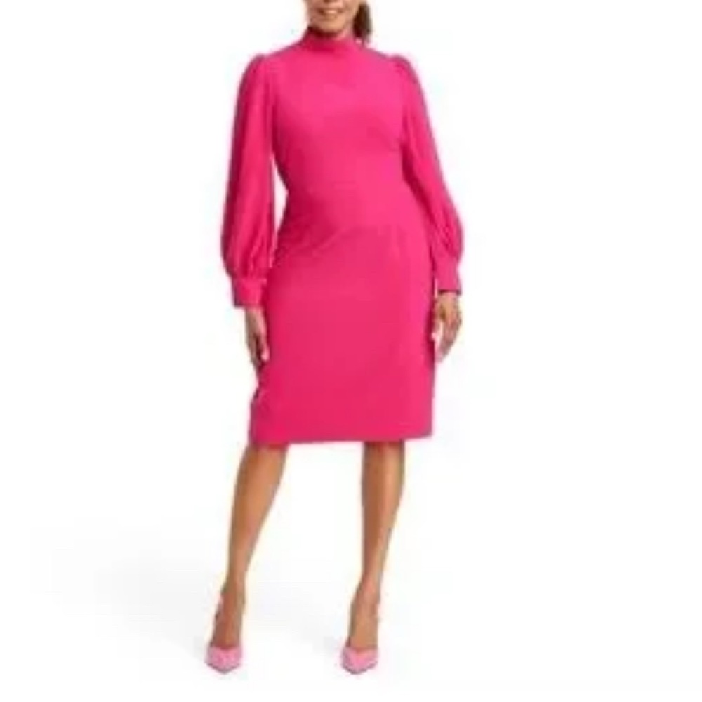 Pink Long Sleeve Sheath Dress with Mock Neck for Cocktail